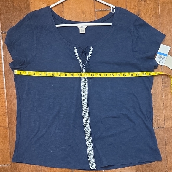 CLEARANCE Lucky Brand Navy Embroidered Short Sleeve Tie Front Slub Jersey Top XL - Picture 10 of 11